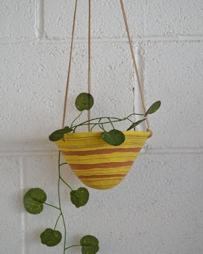 Bright Yellow & Terracotta Hanging Planter w/ "Multiple Horizons" Design - Hanging Pot with Carved Design - Succulent, Cactus, Herb, Etc