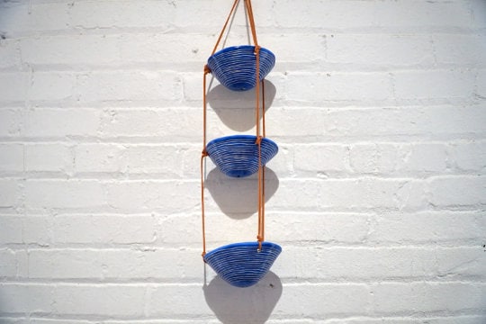 Blue & White Glazed 3-Tiered Hanging Planter w/ "Horizon" design - Triple Hanging Basket -  Blue Hanging Pot - Window Garden -