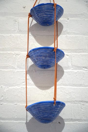 Blue & White Glazed 3-Tiered Hanging Planter w/ "Horizon" design - Triple Hanging Basket -  Blue Hanging Pot - Window Garden -