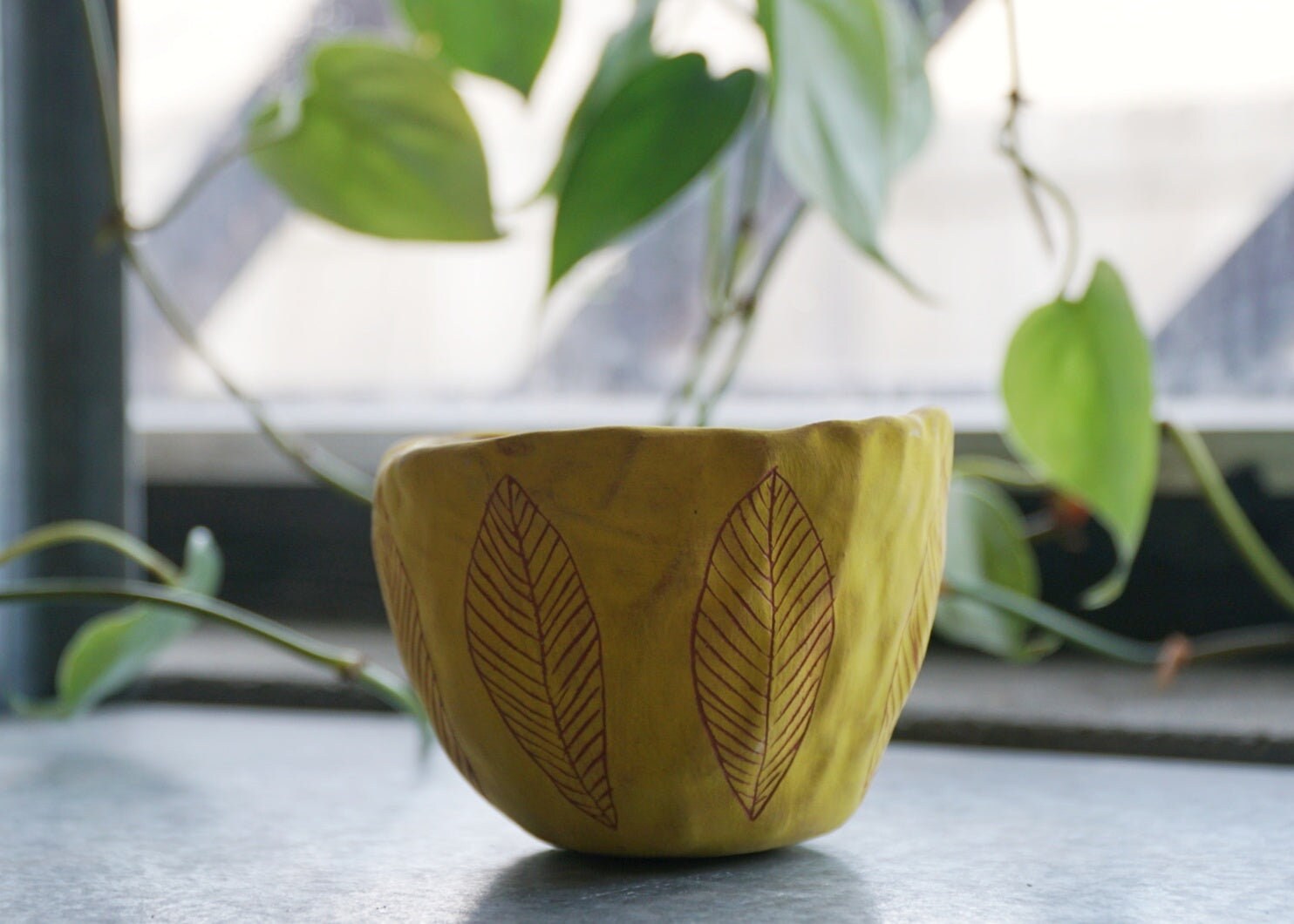 Bright Yellow  & Terracotta Mini Planter with hand-carved "Leaf" Design - Succulent Planter - Cactus Pot - Housewarming - Dorm