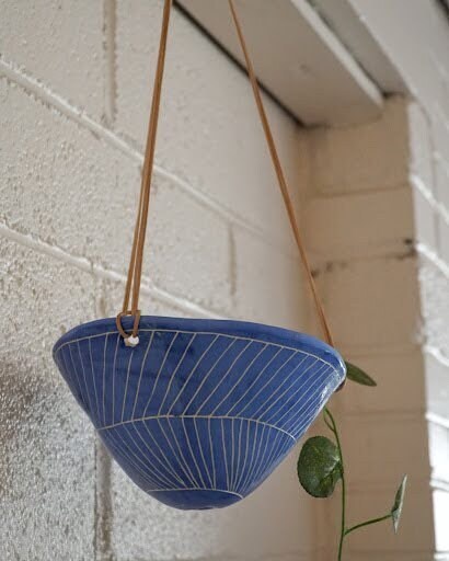 Electric Blue & White Hanging Planter w/ "Herringbone" Design - Glazed Pot with Carved Design - Succulent, Cactus, Herb, Air Plant, Etc