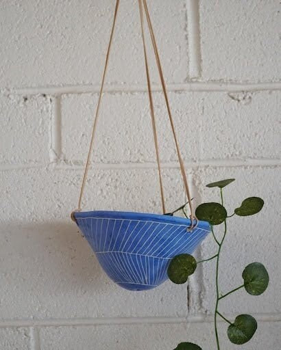 Electric Blue & White Hanging Planter w/ "Herringbone" Design - Glazed Pot with Carved Design - Succulent, Cactus, Herb, Air Plant, Etc