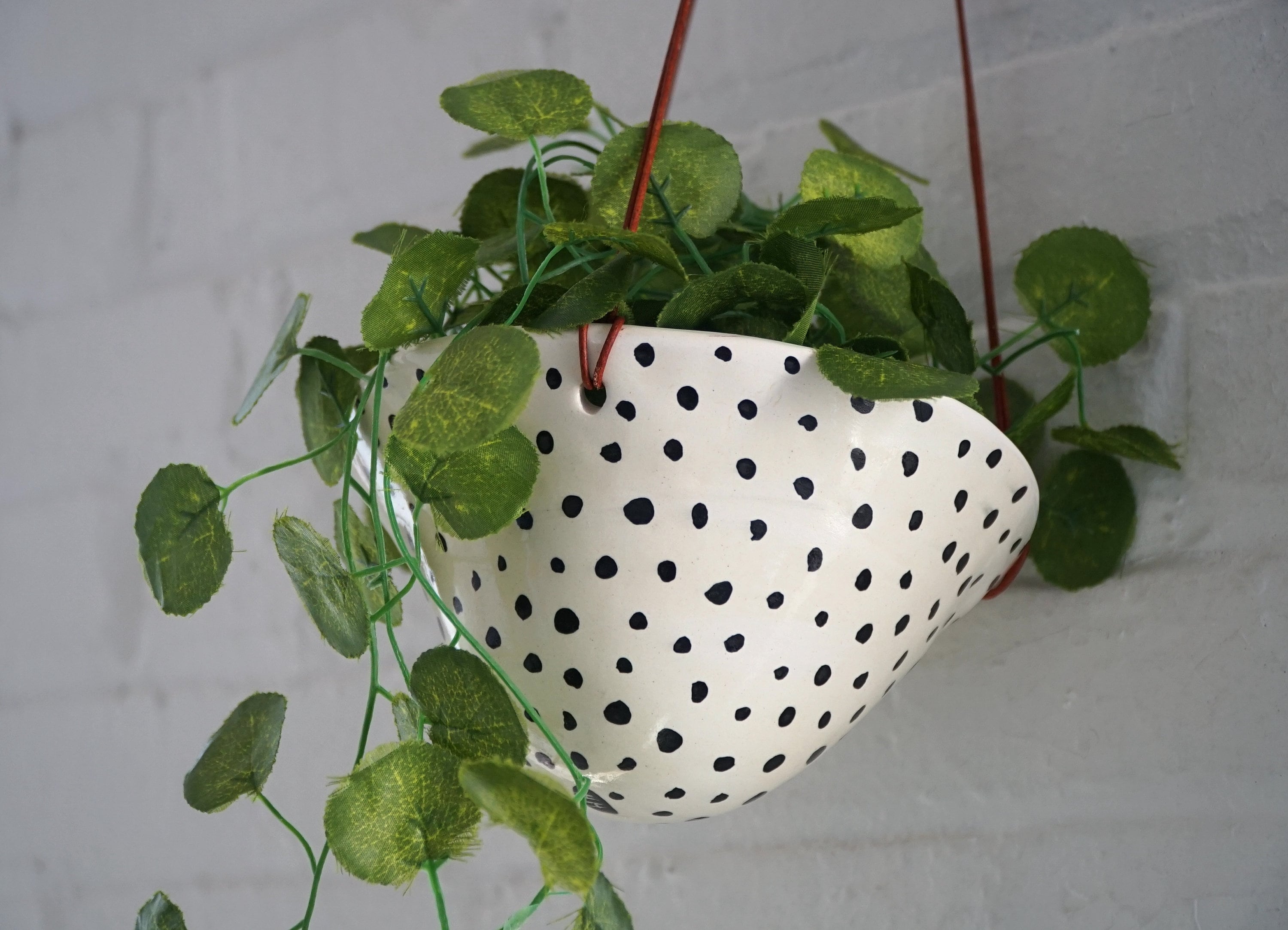 Black and White Glazed w/“Polka Dot” Design - Hanging Planter with Leather Cord - Classic Dotted Hanging Pot w/ Glossy Finish - Succulent Planter - Indoor Pot