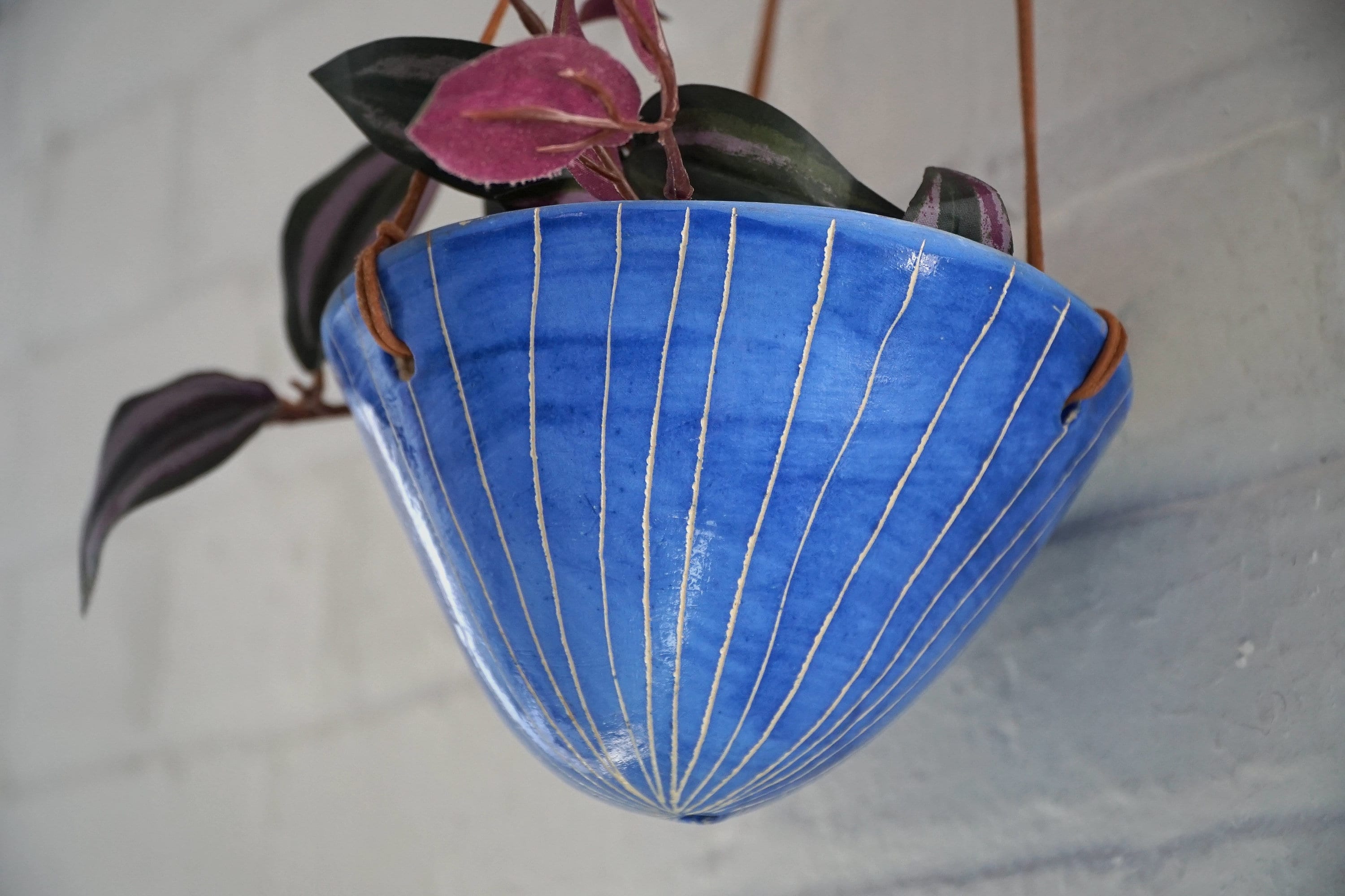 Blue & White Glazed Hanging Planter w/ "Vertical Line" Design - Pot with Carved Design - Propagating - Succulent, Cactus, Herb, Air Plant