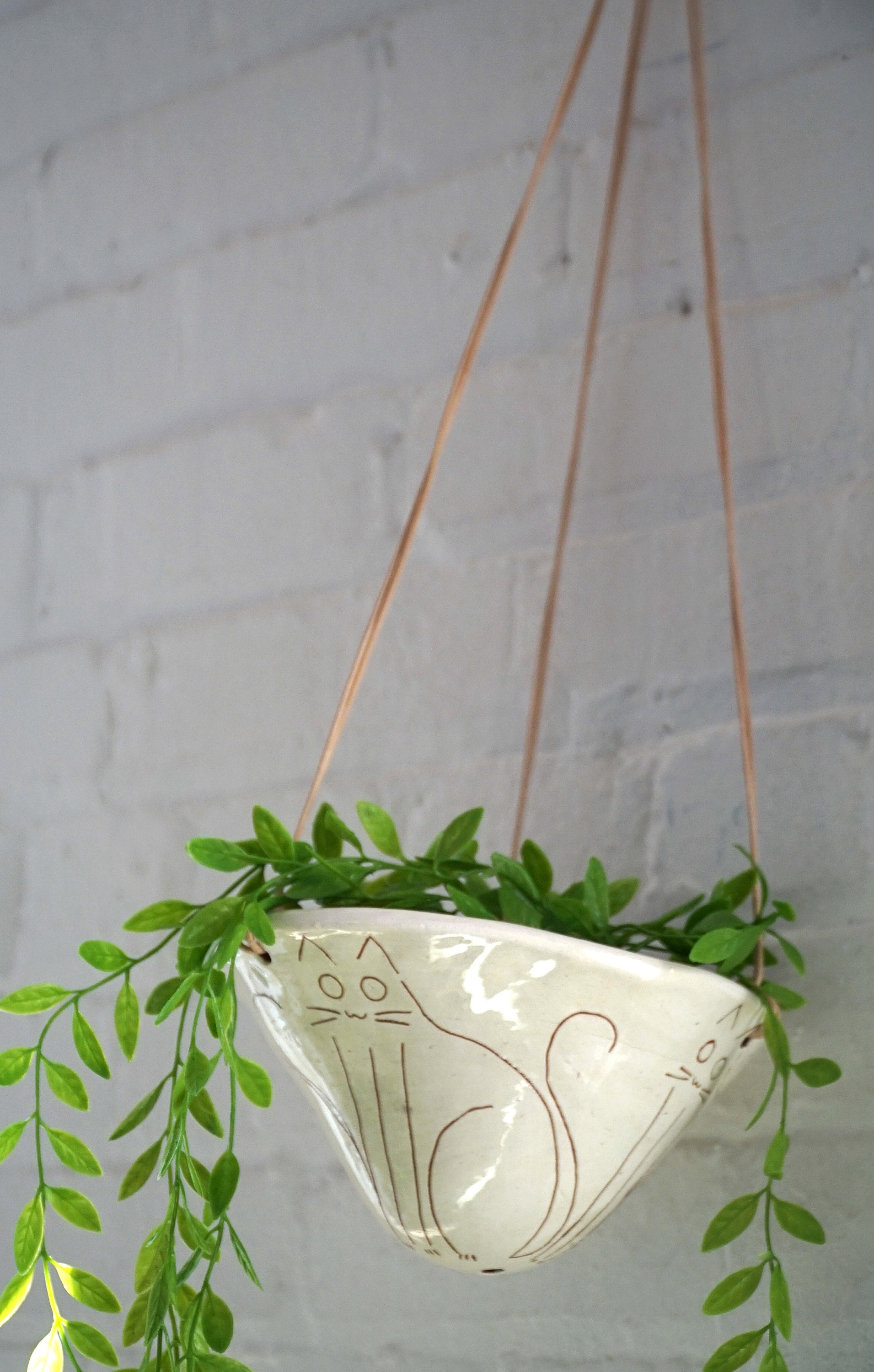 White & Terracotta Hanging Planter w/ "Kitty" Design - Hanging Pot w/ Carved Design - Succulent, Cactus, Herb, Air Plant - Home Decor
