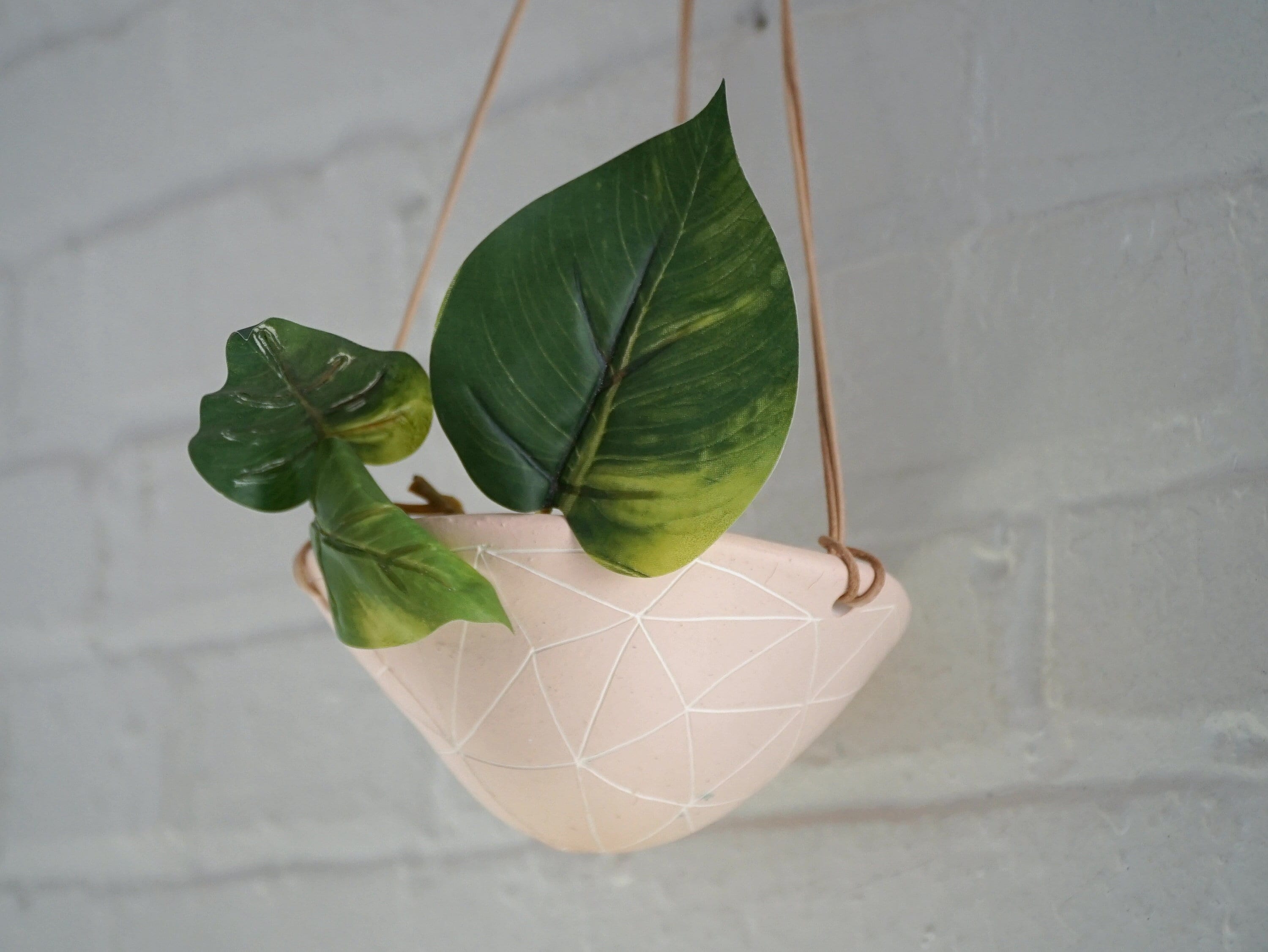 Pink & White Mini Hanging Planter w/ "Geotriangle" Design - Small Hanging Pot with Carved Design - Propagating, Starter Pot, Air Plant Pot