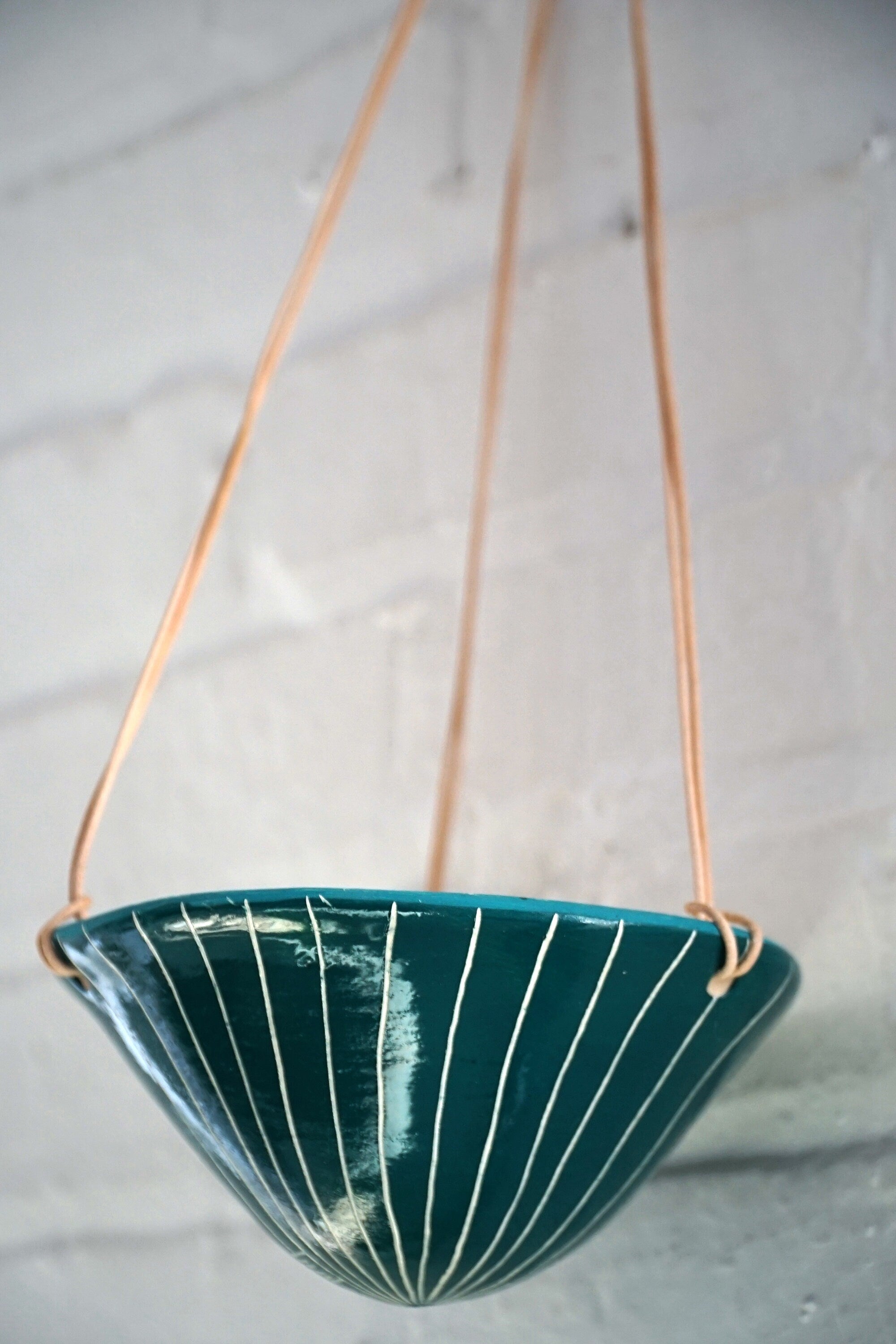 Teal & White Mini Hanging Planter w/ "Vertical Line" Design - Small Hanging Pot with Carved Design - Propagating, Starter Pot, Air Plant Pot
