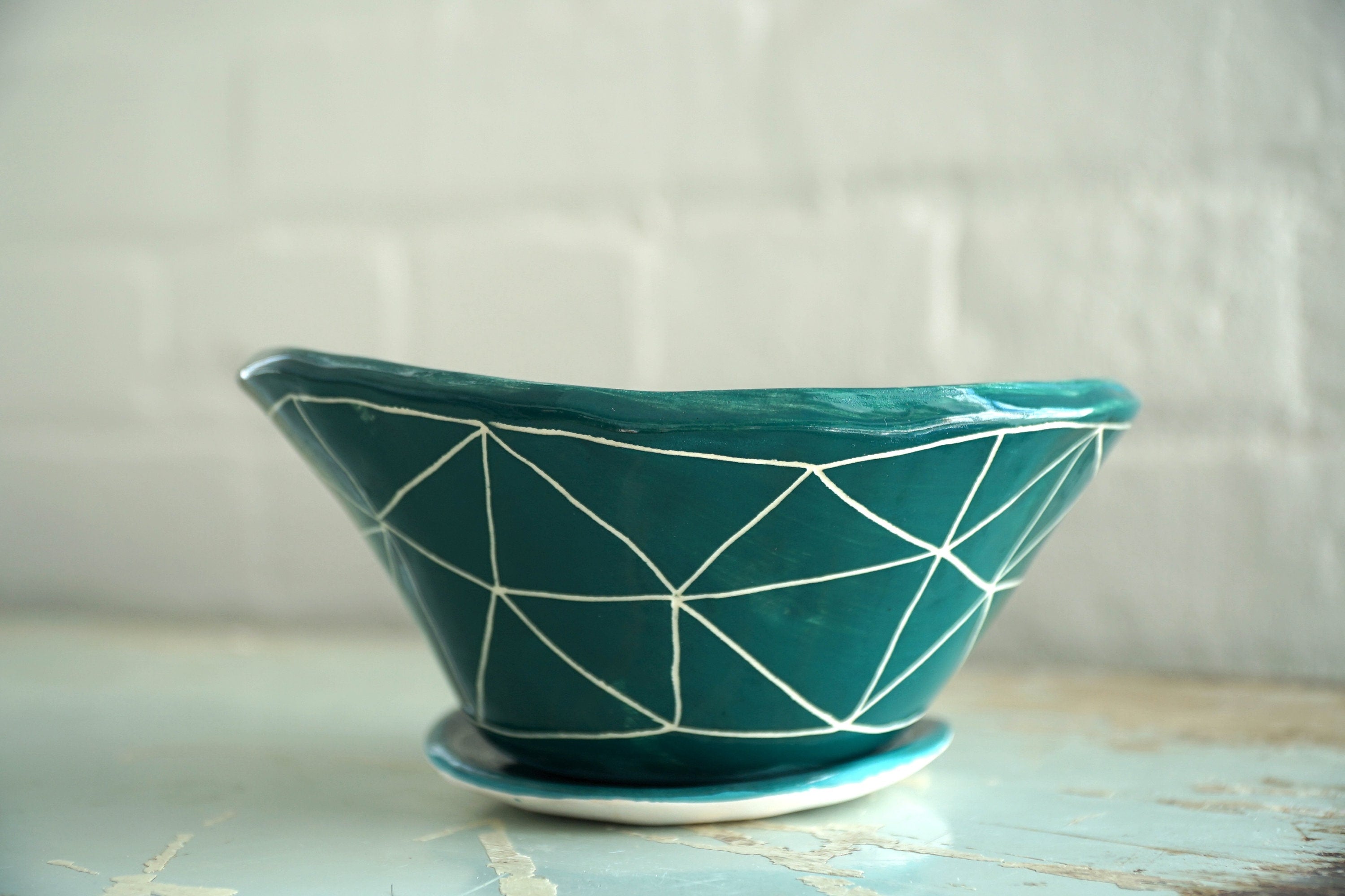 Teal & White Glazed Table Planter w/ “GeoTriangle" Design - Matching Tray - Succulent Planter - Indoor Planter - Etc