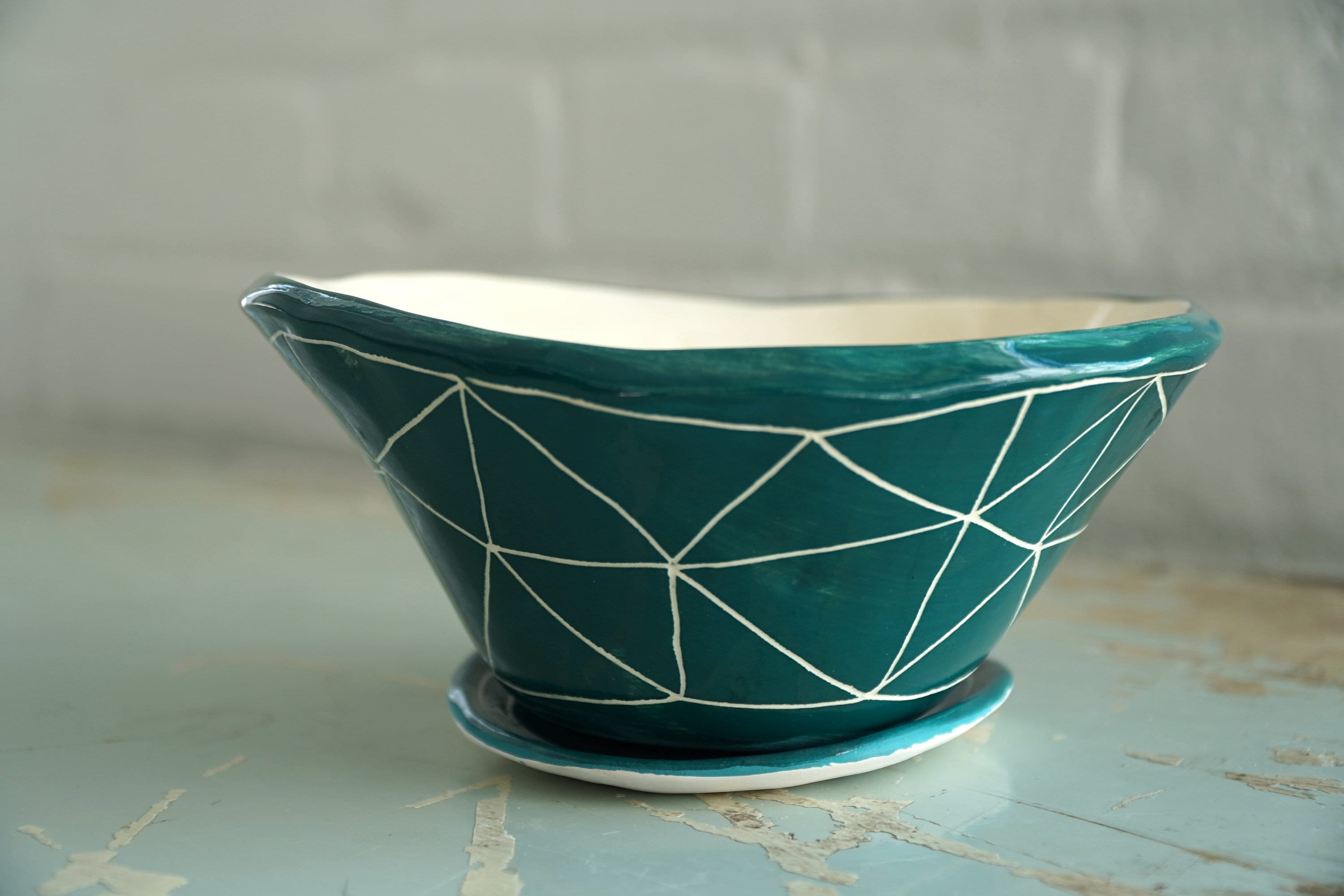 Teal & White Glazed Table Planter w/ “GeoTriangle" Design - Matching Tray - Succulent Planter - Indoor Planter - Etc