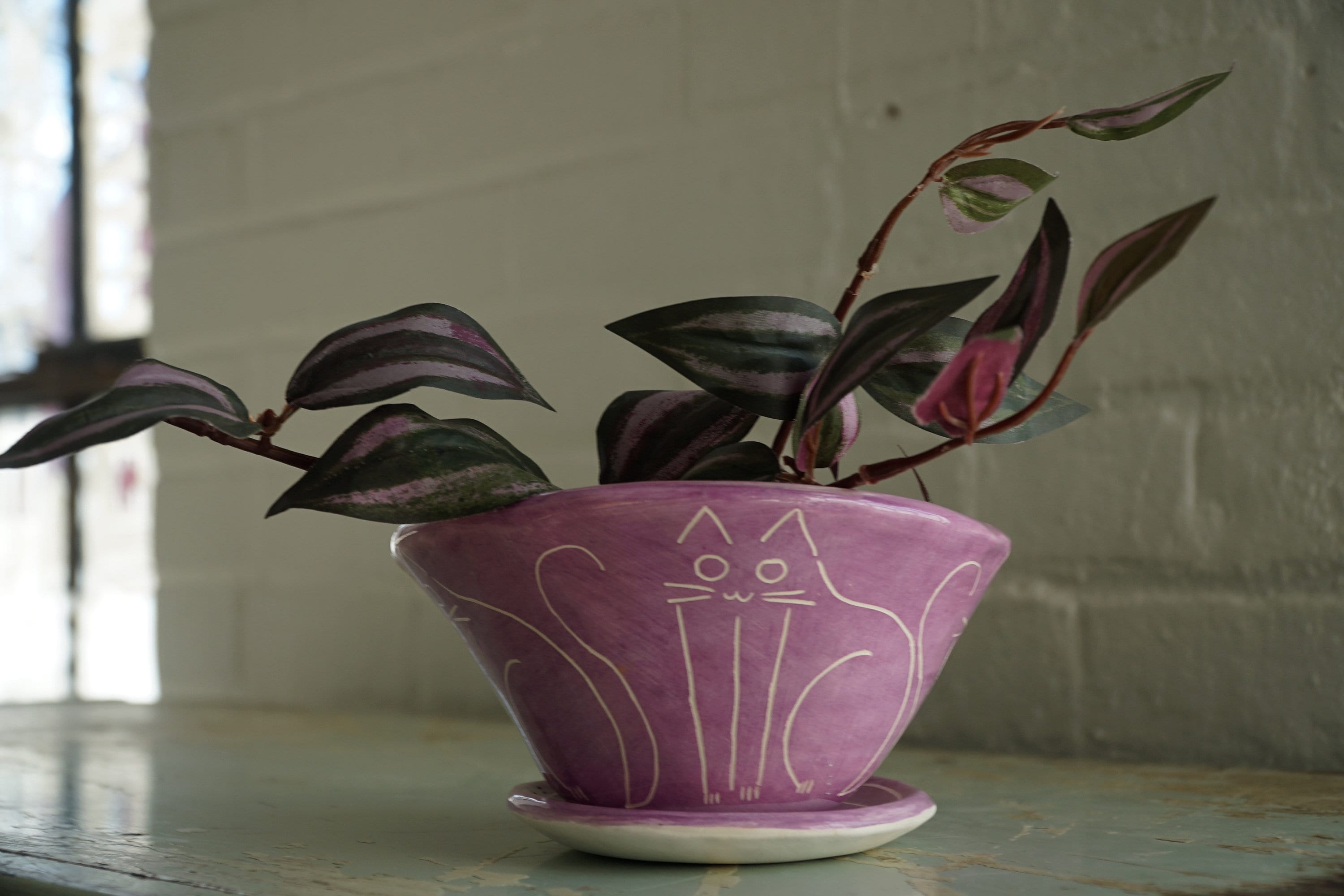 Purple & White Glazed Table Planter w/ "Kitty" Design - Matching Tray - Succulent Planter - Small Plant Pot - Propagating Planter - Housewarming