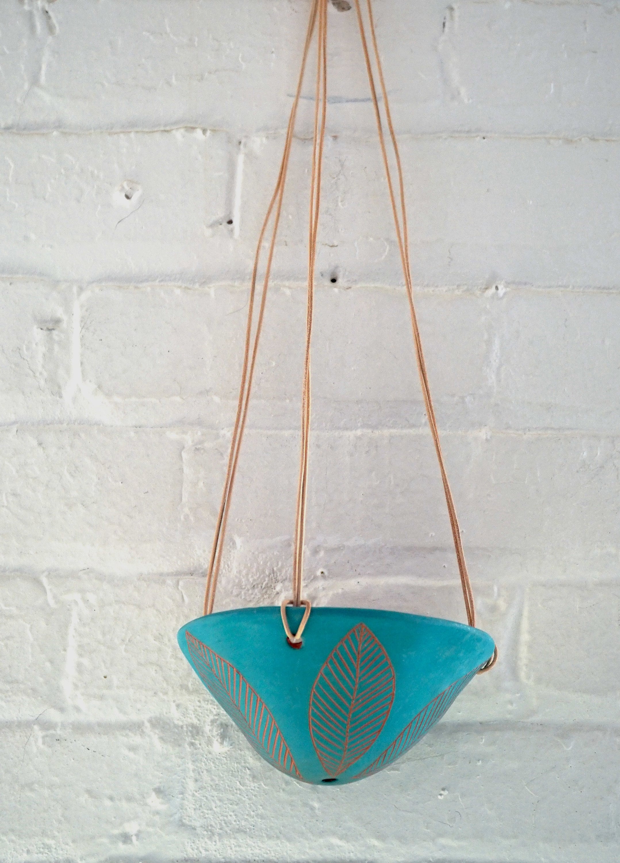 Teal & Terracotta Mini Hanging Planter w/ "Leaf" Design - Mini Hanging Pot with Carvings - Succulent, Cactus, Herb, Air Plant