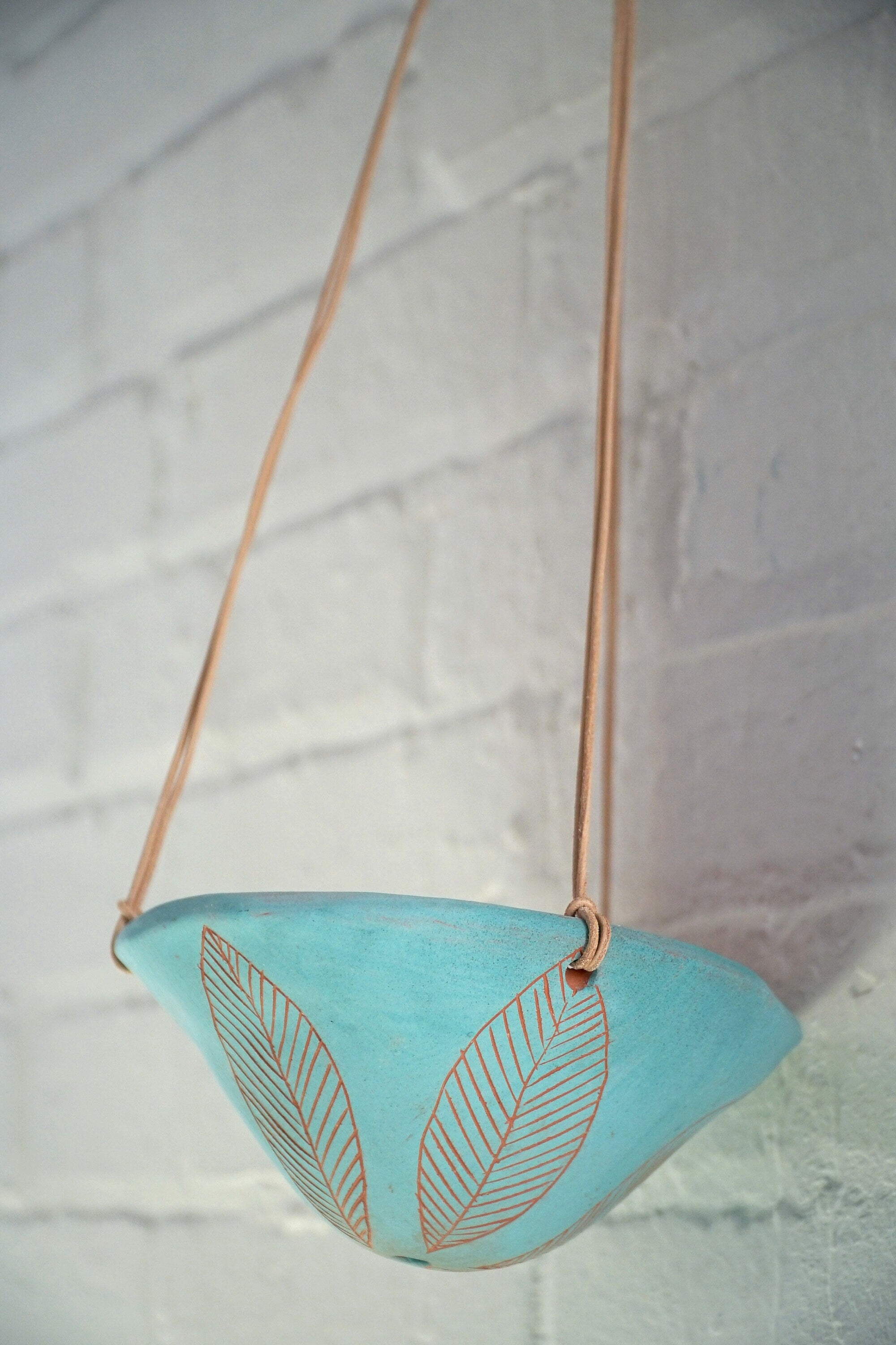 Aqua & Terracotta Mini Hanging Planter w/ "Leaf" Design -Hanging Pot with Carvings - Succulent, Cactus, Herb, Air Plant