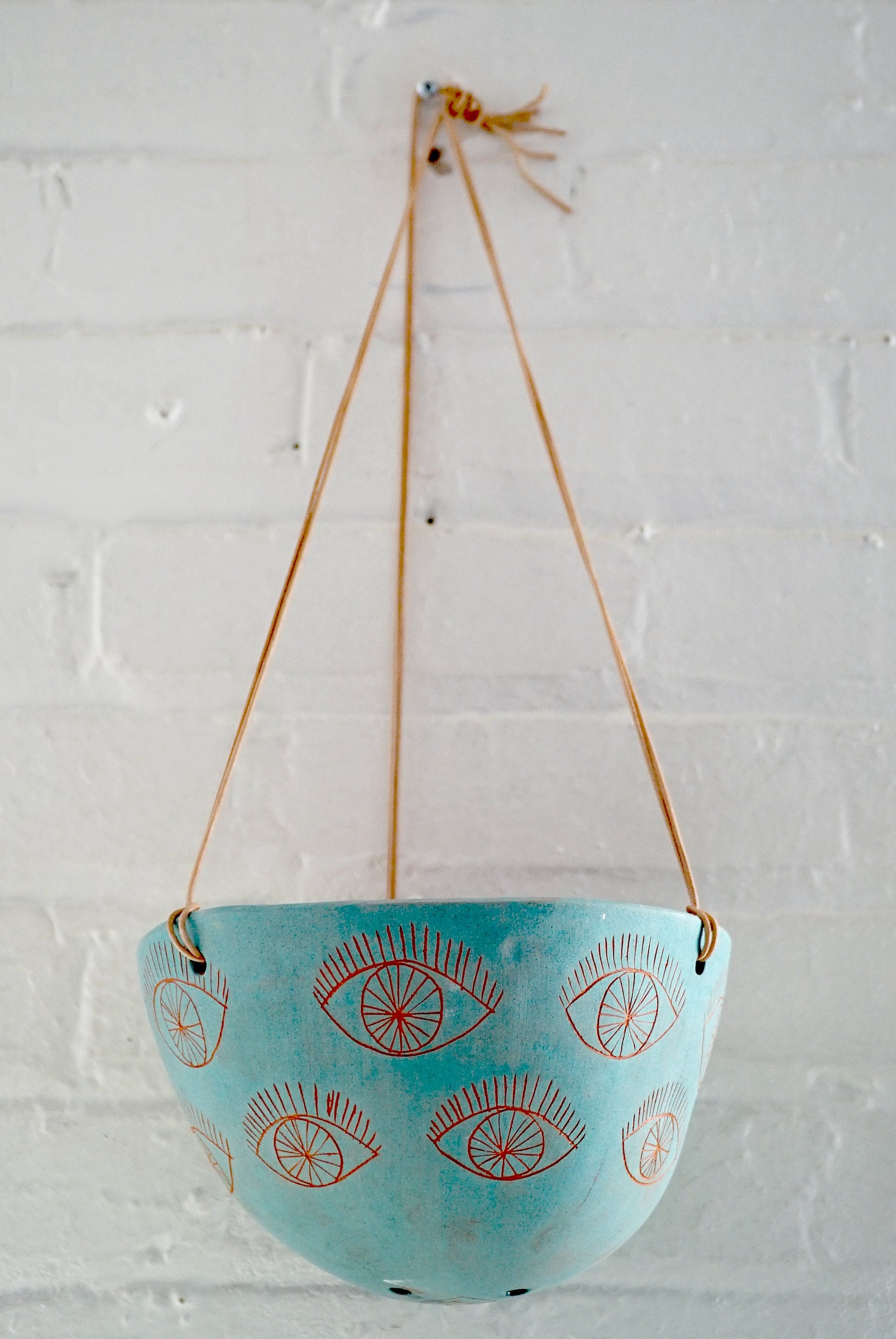Large Aqua & Terracotta Hanging Planter w/ Hand-Carved "Eye" Design - Plant Hanger - Hanging Basket - Indoor Garden