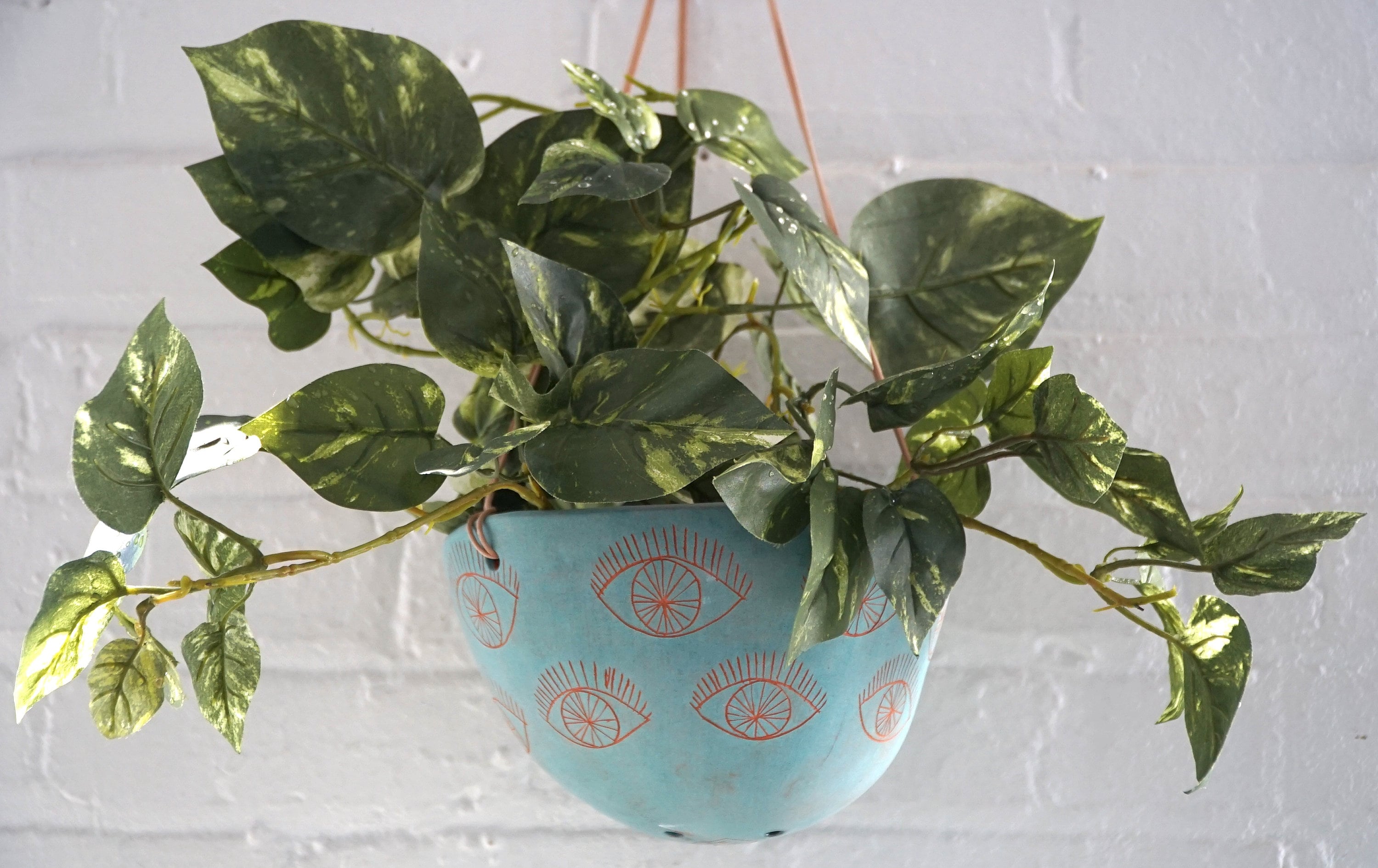Large Aqua & Terracotta Hanging Planter w/ Hand-Carved "Eye" Design - Plant Hanger - Hanging Basket - Indoor Garden