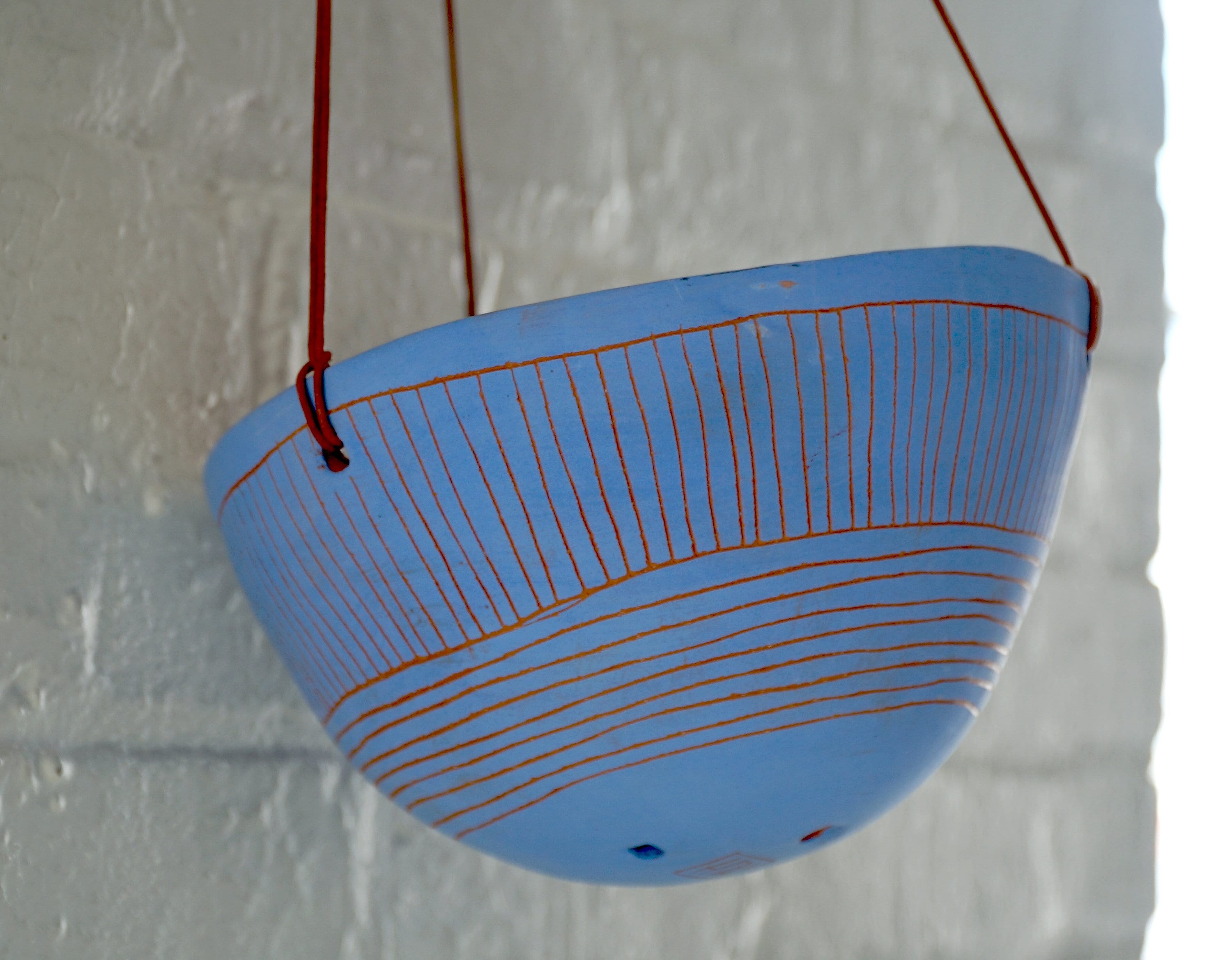 Large Electric Blue & Terracotta Hanging Planter w/ Hand-Carved "Directional Line" Design - Plant Hanger - Hanging Basket - Indoor Garden