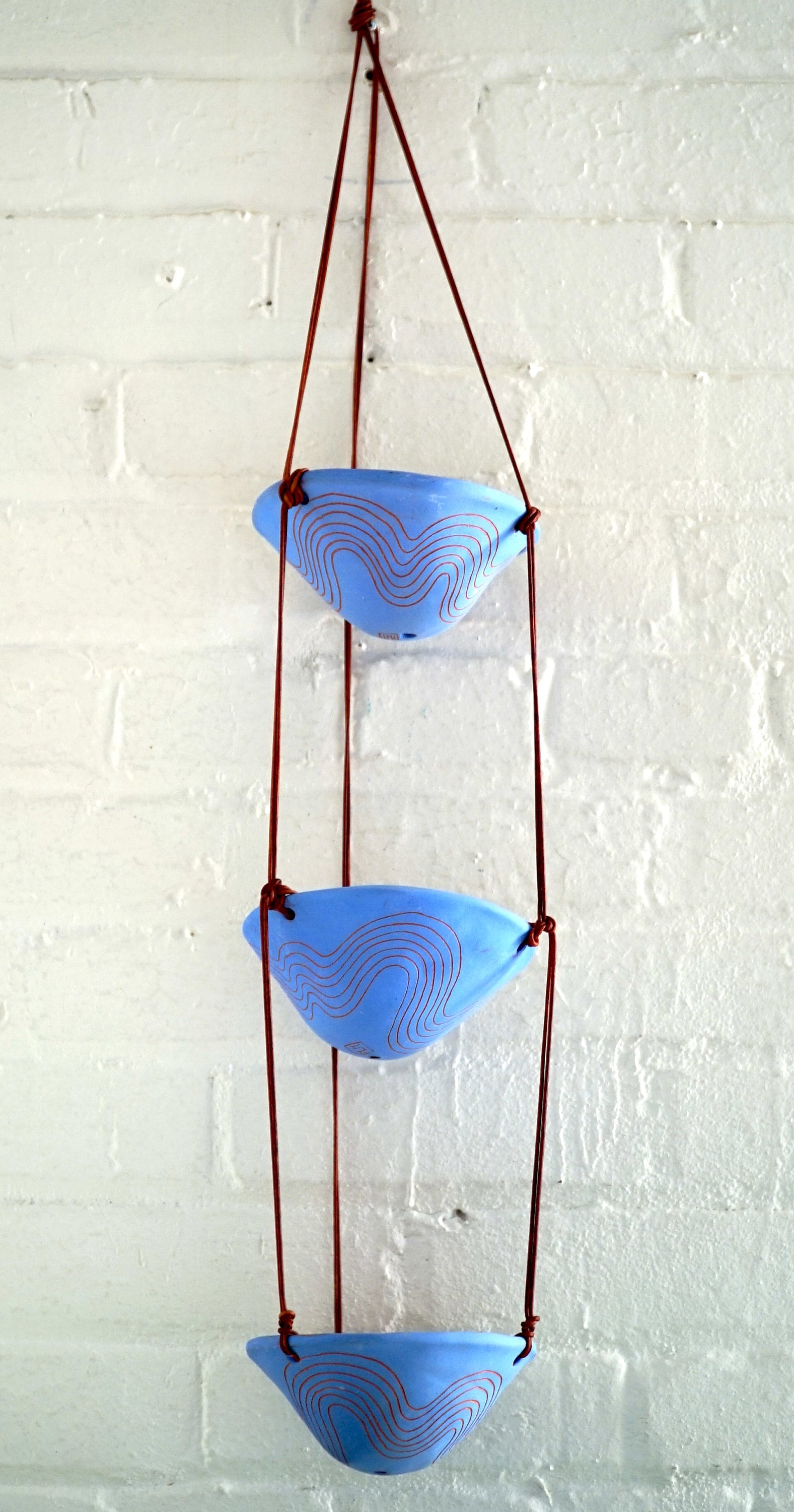 Electric Blue & Terracotta 3-Tiered Hanging Planter with hand-carved "Wavy Line" design - triple hanging basket