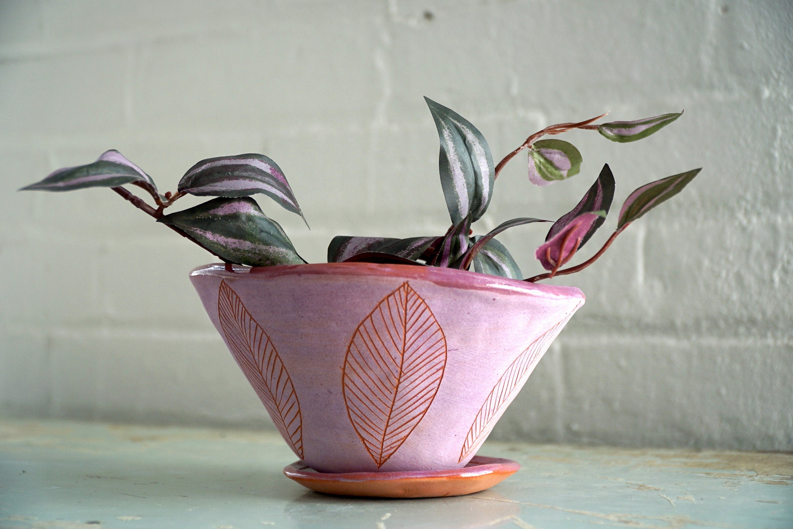Purple & Terracotta Table Planter w/ "Leaf" Design - Matching Tray - Glazed Interior - Succulent Planter - Indoor Planter - Housewarming - Small Pot