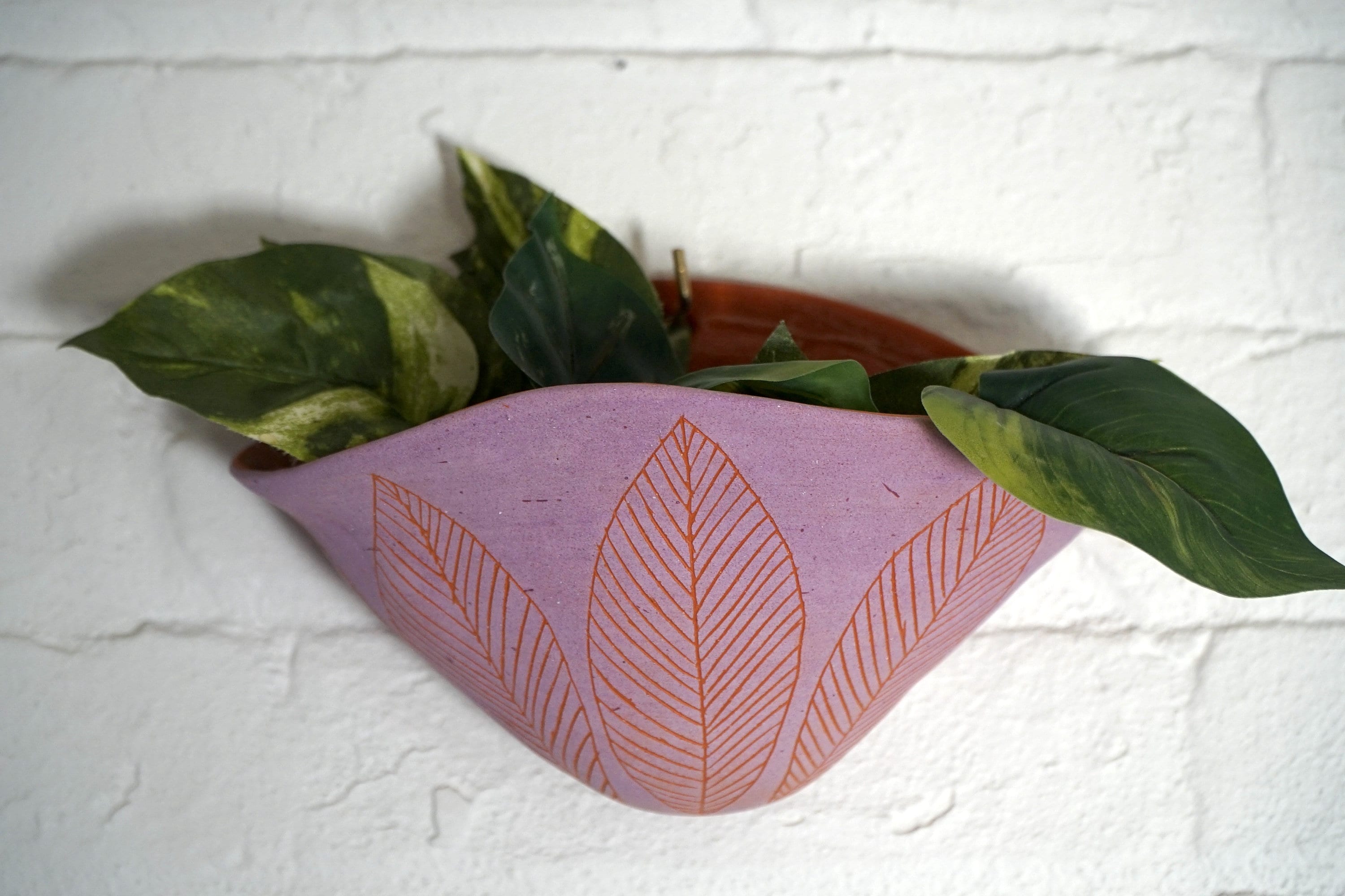 Purple & Terracotta Wall Pocket Planter w/ "Leaf" Design - Ceramic Wall Planter - Pottery - Succulent Pot - Houseplant - Planter