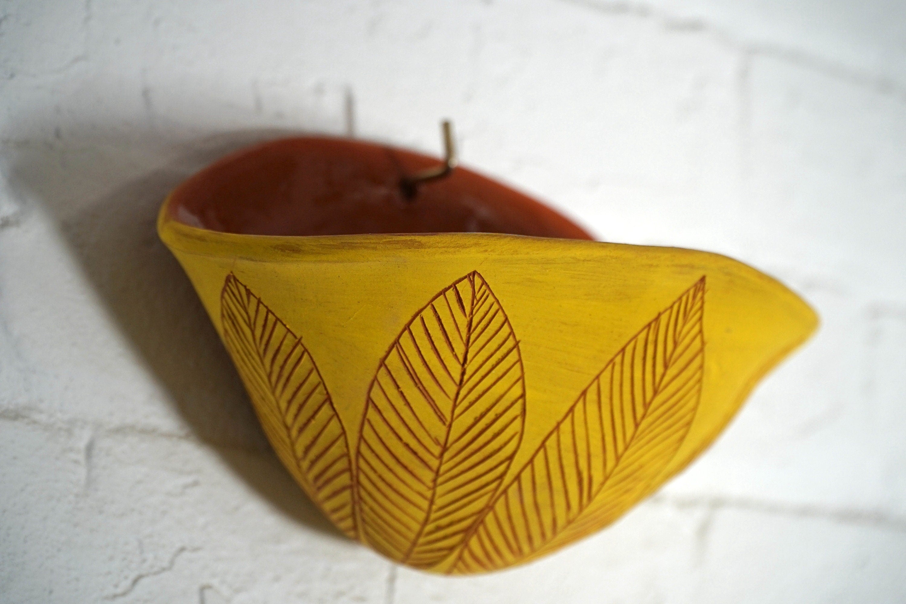 Bright Yellow & Terracotta Wall Pocket Planter w/ "Leaf" Design - Ceramic Wall Planter - Pottery - Succulent Pot - Houseplant - Planter
