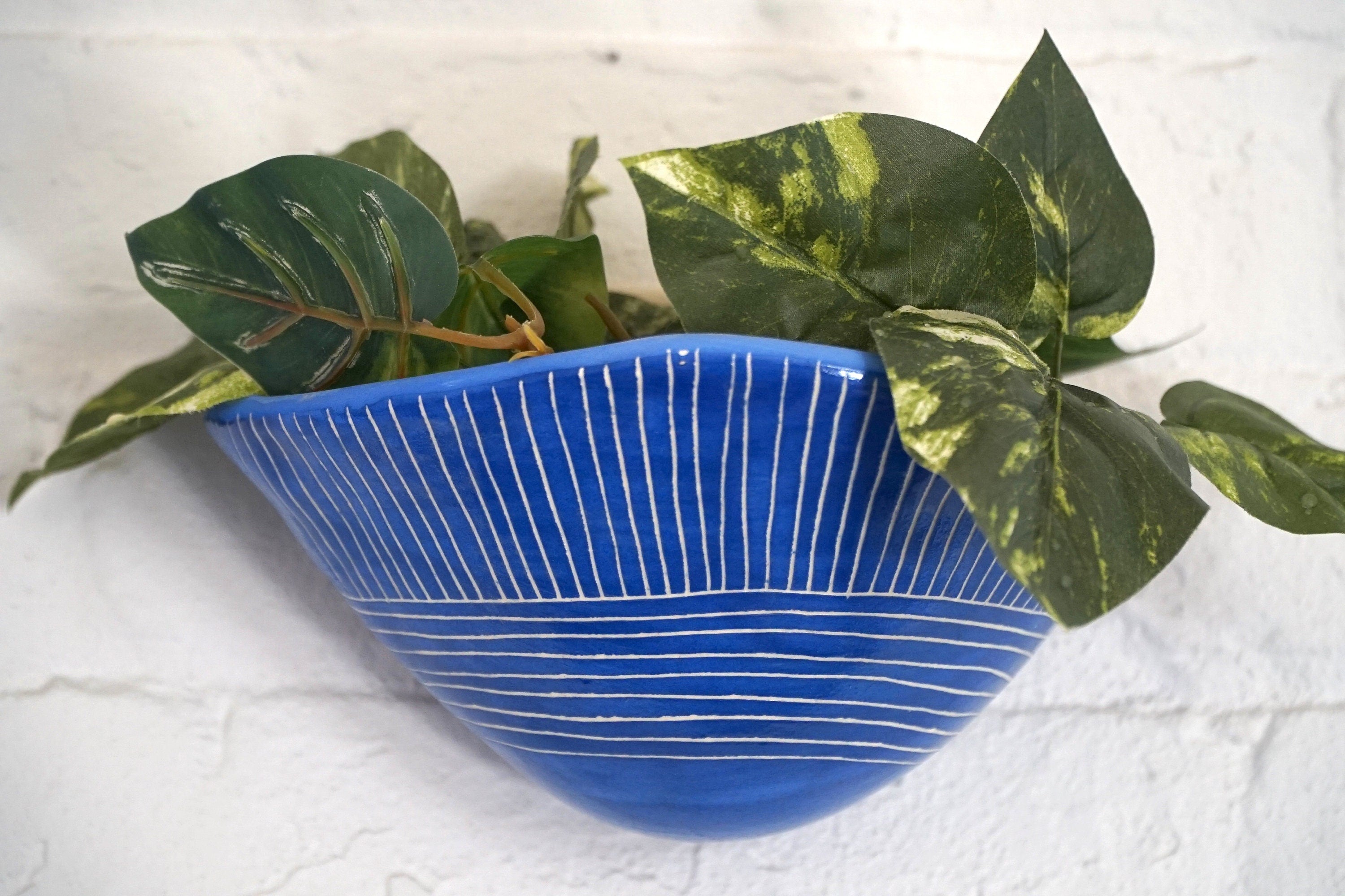 Blue & White Glazed Wall Pocket Planter w/ "Directional Line" Design - Ceramic Wall Planter - Pottery - Succulent Pot - Houseplant - Planter