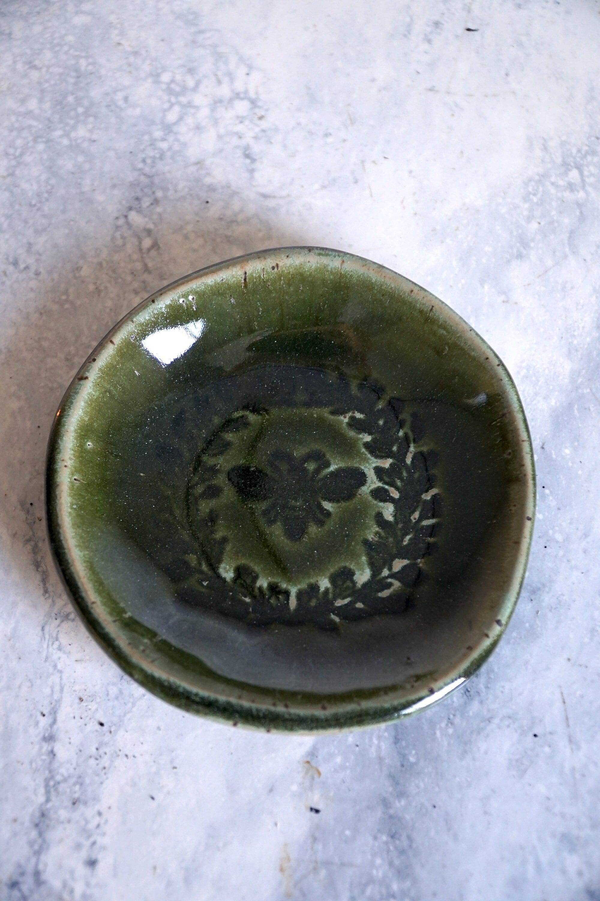 Glimmering Green Bee Stamp Stoneware Bowl - Small Bowl - Stamped Dish - Catch-All - Jewelry Storage - Food Safe - Deco Green Honeybee Bowl