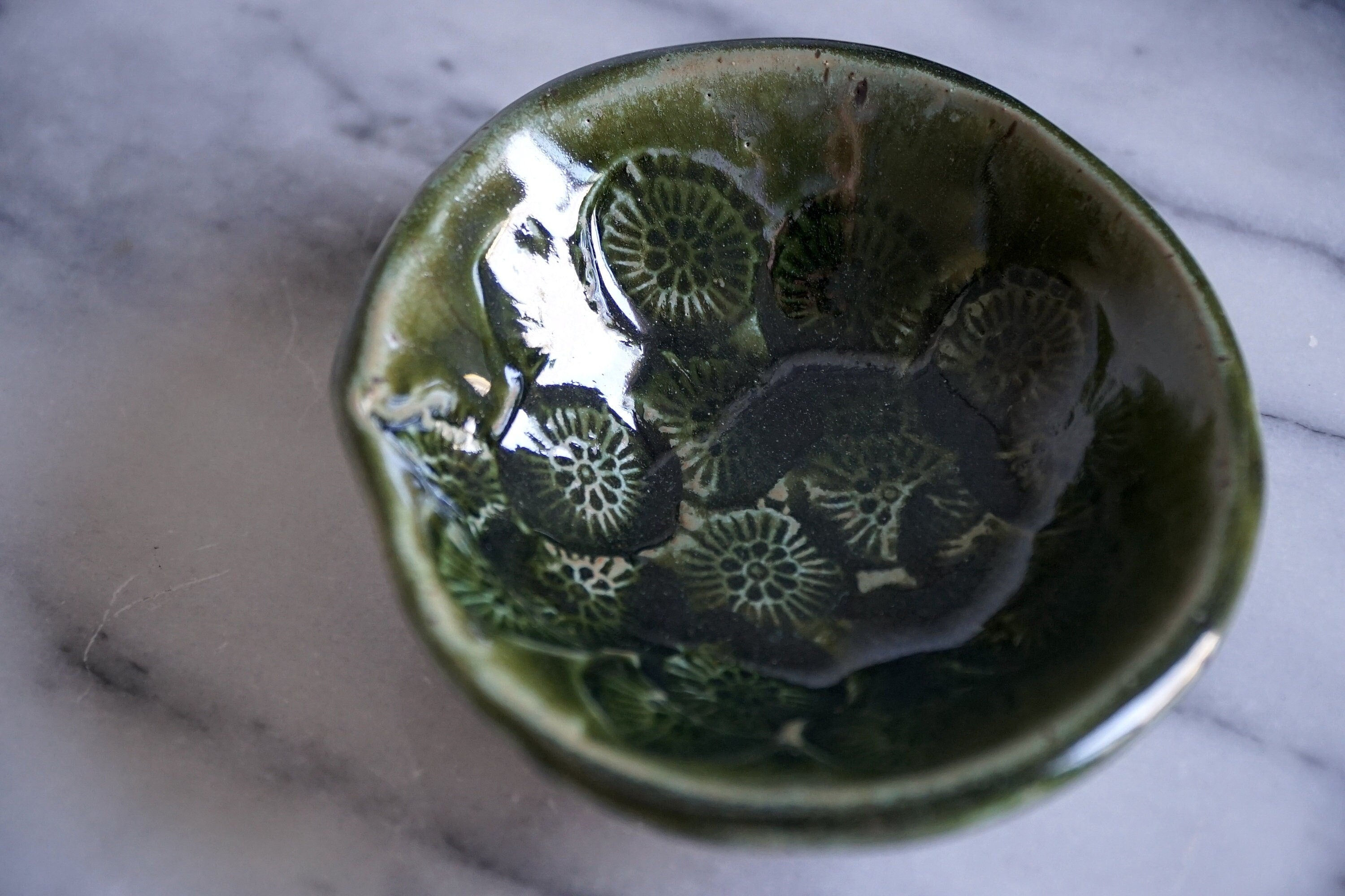 Glimmering Green Stamped Stoneware Bowl - Small Bowl - Stamped Dish - Catch-All - Jewelry Storage - Food Safe - Deco Green Glazed Bowl