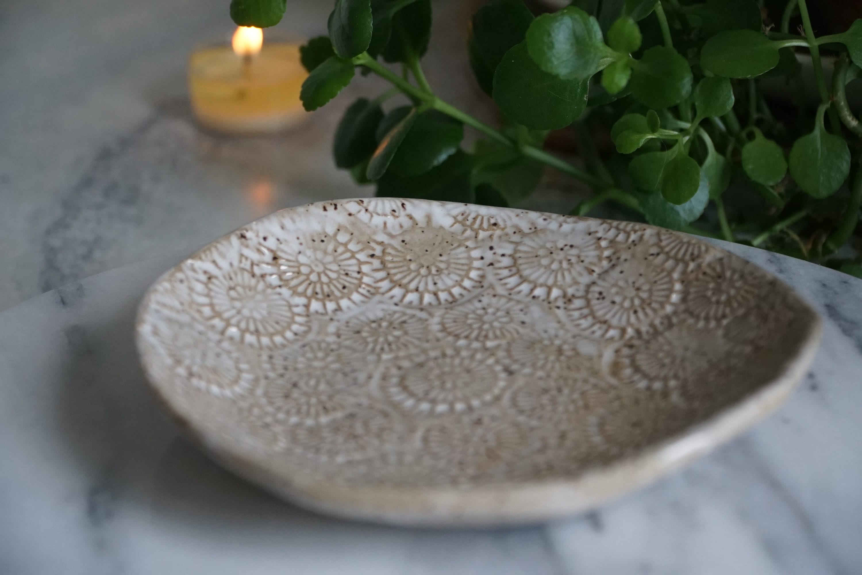 Speckled Stoneware Flora Bowl - White Stamped Dish - Small Serving Bowl - Catch-All Dish - Jewelry Dish - Wabi Sabi - Rustic Plate