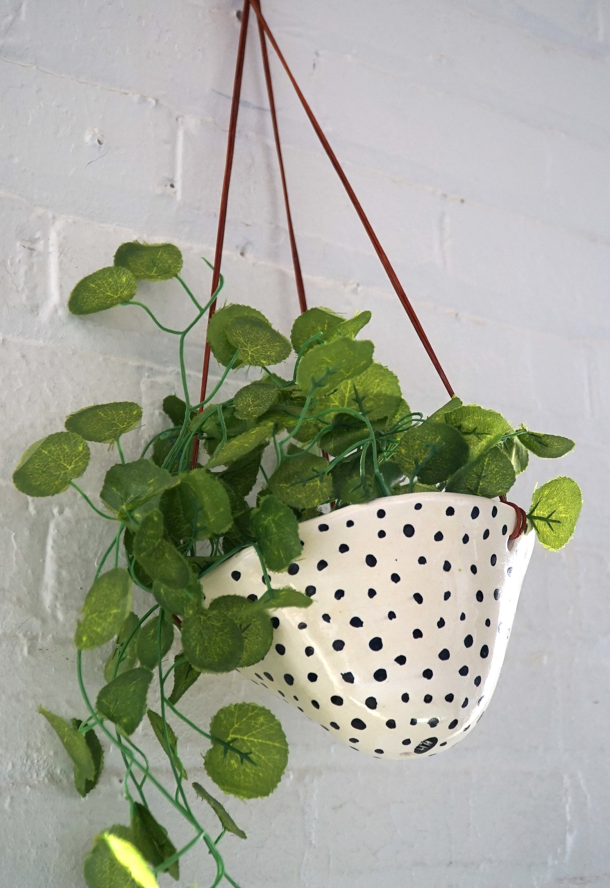Black and White Glazed w/“Polka Dot” Design - Hanging Planter with Leather Cord - Classic Dotted Hanging Pot w/ Glossy Finish - Succulent Planter - Indoor Pot