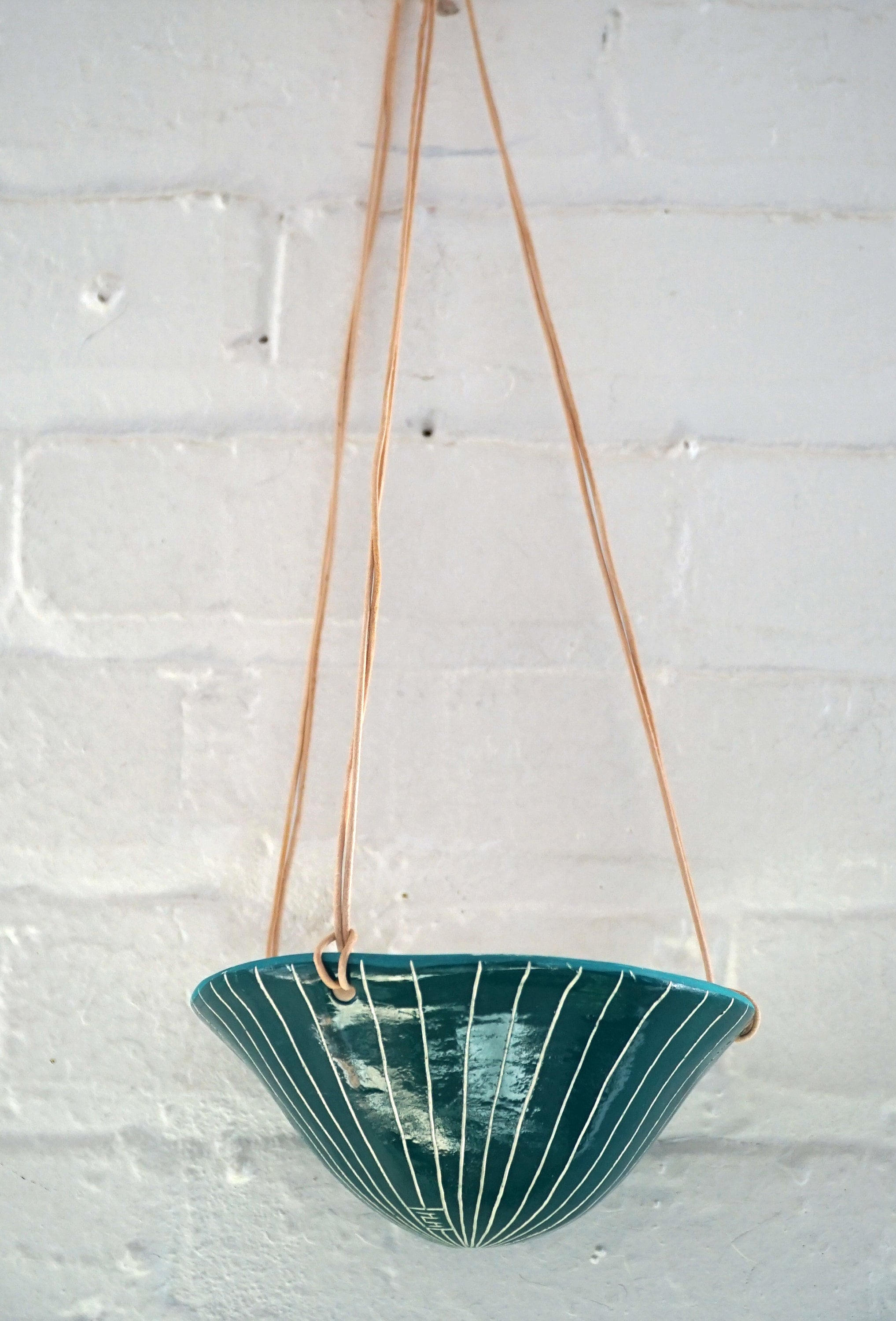 Teal & White Mini Hanging Planter w/ "Vertical Line" Design - Small Hanging Pot with Carved Design - Propagating, Starter Pot, Air Plant Pot