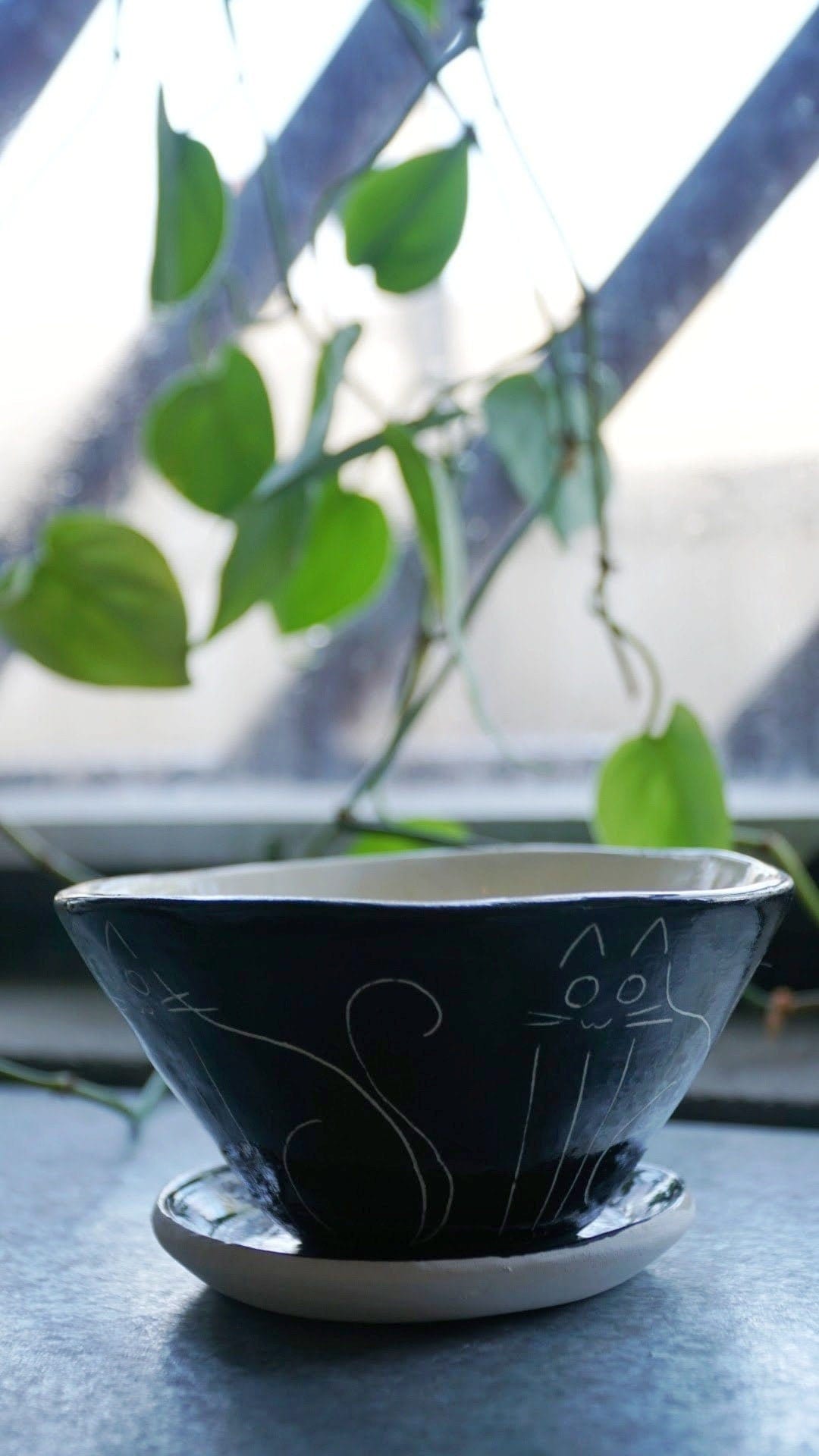 Black & White Glazed Table Planter w/ "Kitty" Design - Matching Tray - Succulent Planter - Small Plant Pot - Propagating Planter - Housewarming
