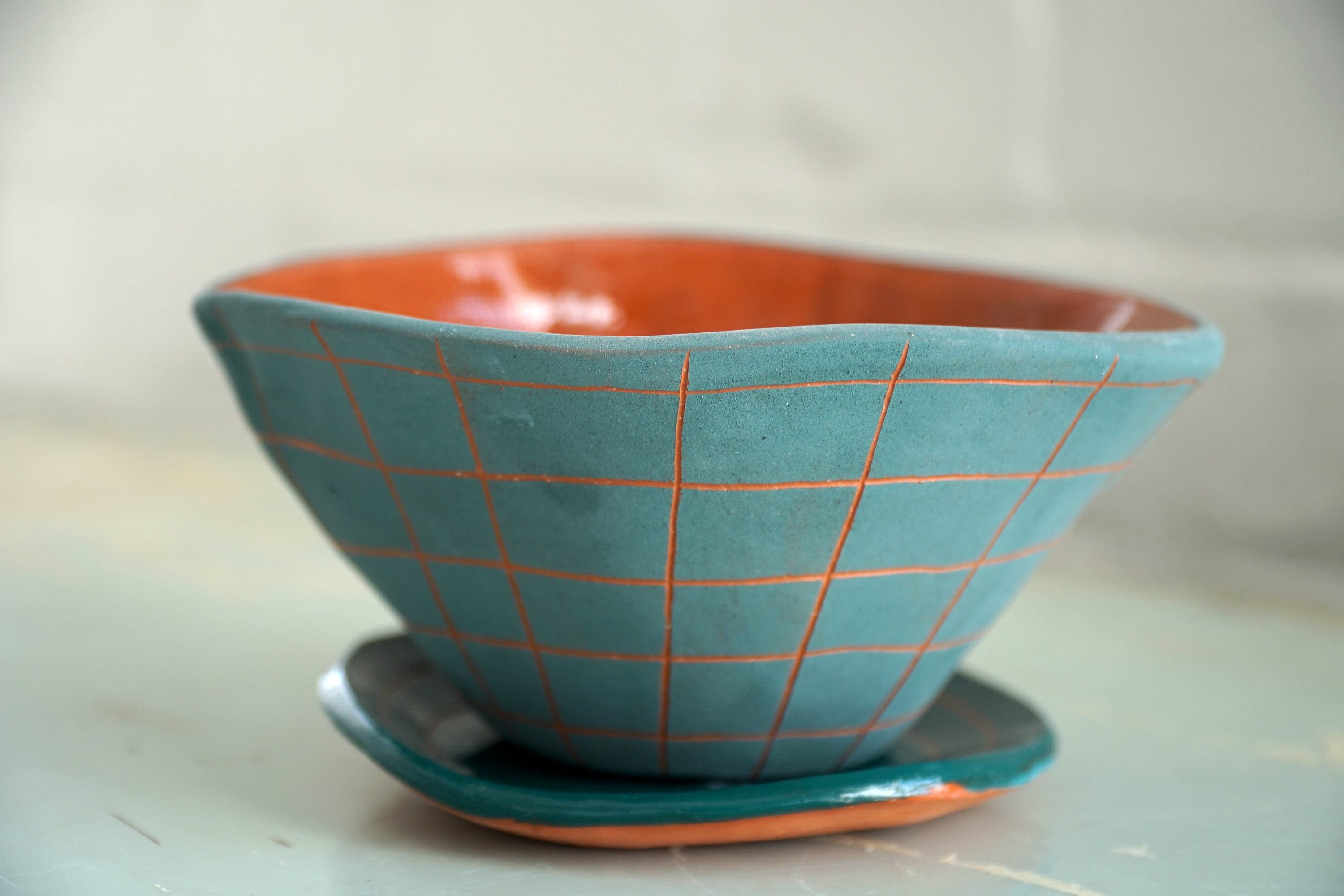 Teal and Terracotta Table Planter w/ "Grid" Design - Matching Tray - Succulent Planter - Small Plant Pot - Propagating Planter - Housewarming