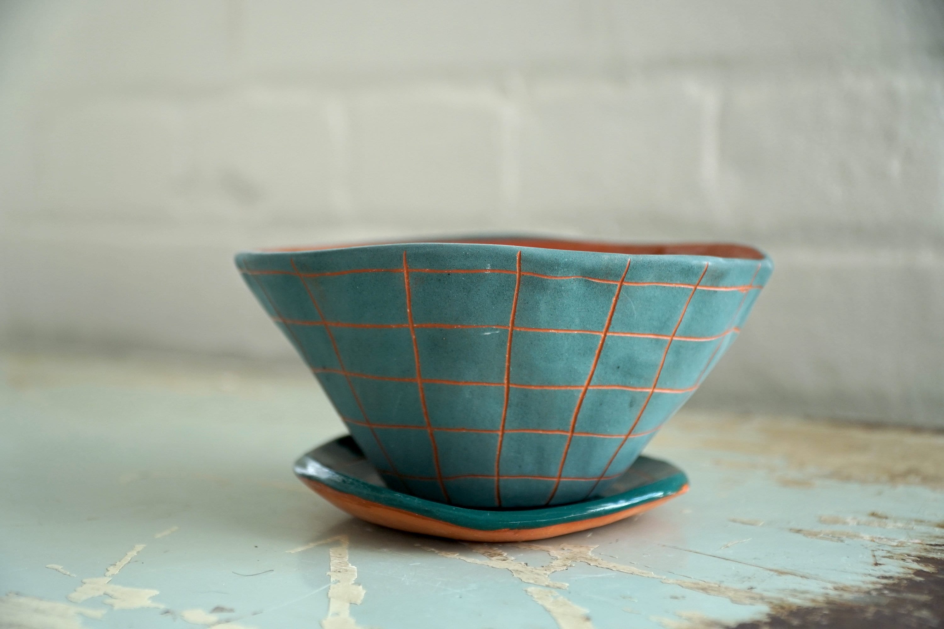 Teal and Terracotta Table Planter w/ "Grid" Design - Matching Tray - Succulent Planter - Small Plant Pot - Propagating Planter - Housewarming