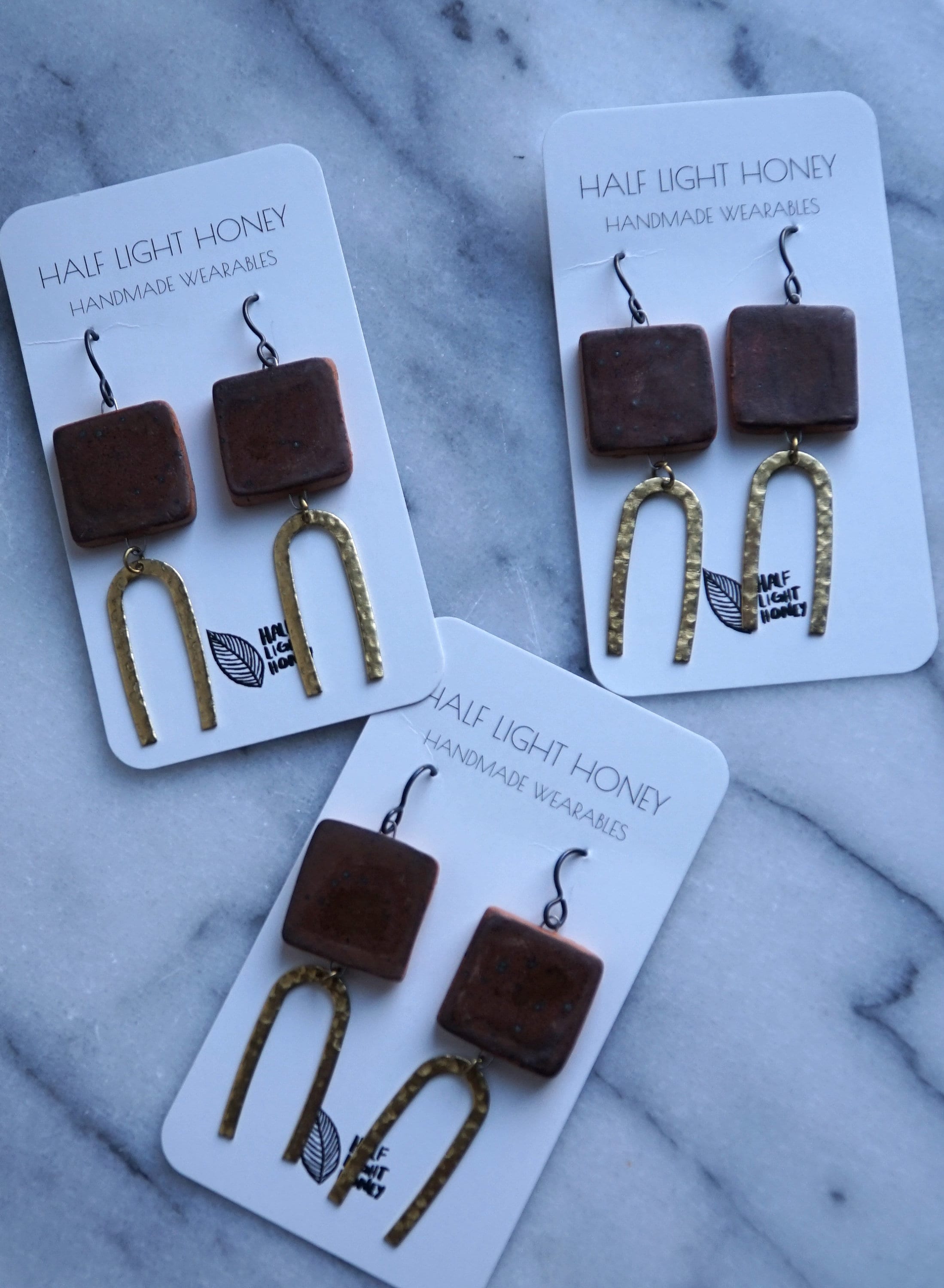 Mixed Media Earrings - Stoneware Earrings with Brass Charm Component - Hypoallergenic Earrings - Dangle Earrings - Art Jewelry