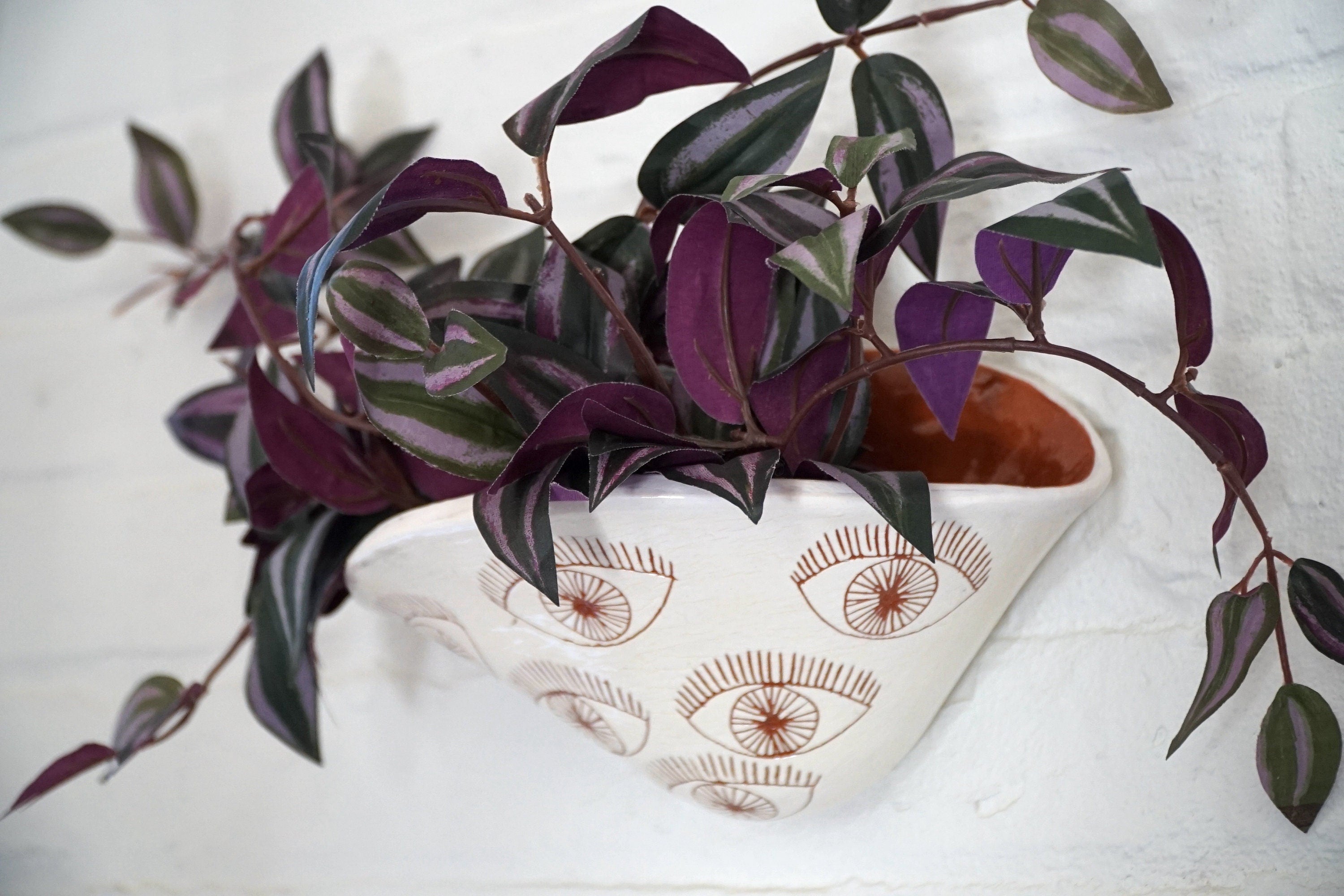 White & Terracotta Glazed Wall Pocket Planter w/ "Eye" Design - Ceramic Wall Planter - Pottery - Succulent Pot - Houseplant - Planter