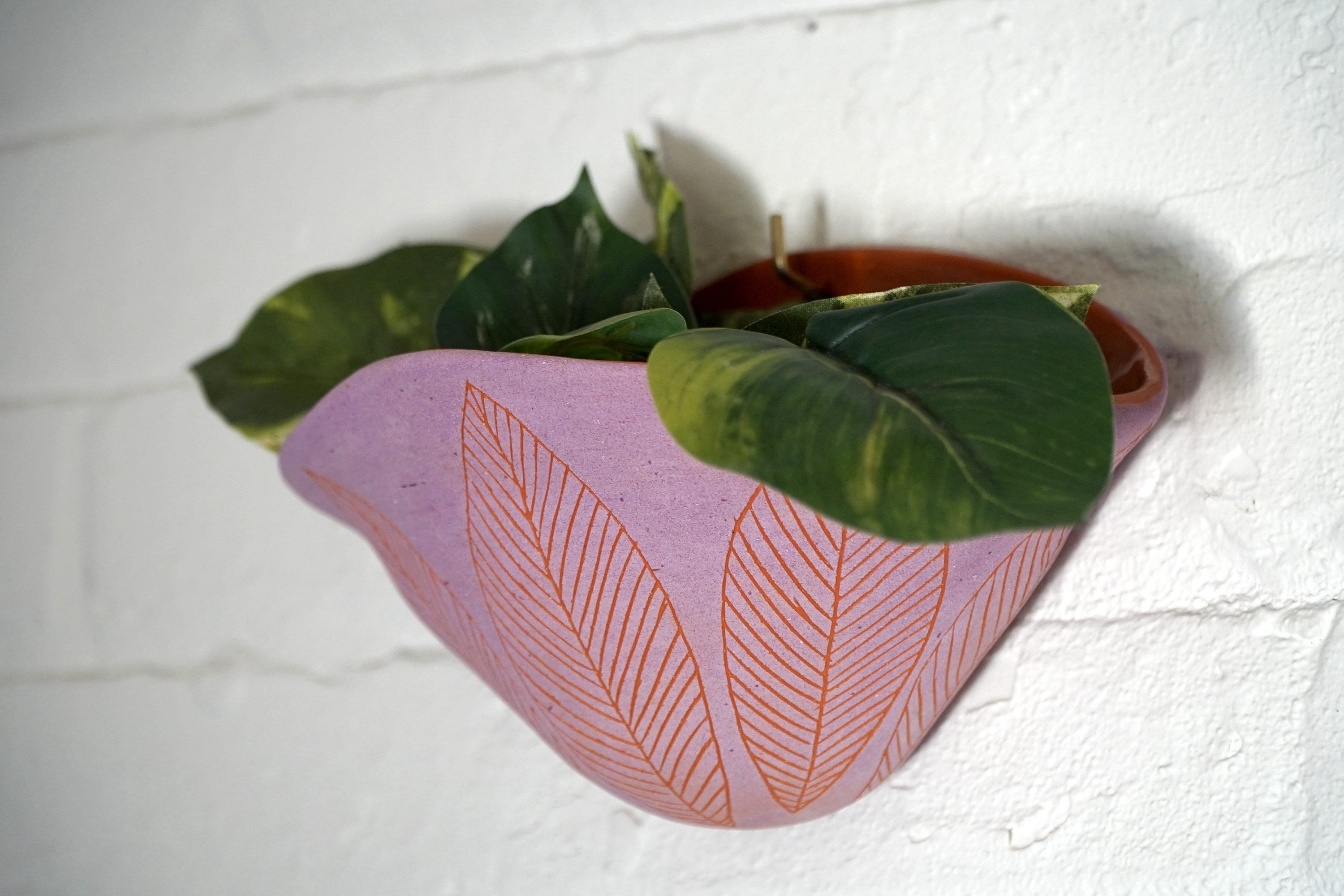 Purple & Terracotta Wall Pocket Planter w/ "Leaf" Design - Ceramic Wall Planter - Pottery - Succulent Pot - Houseplant - Planter