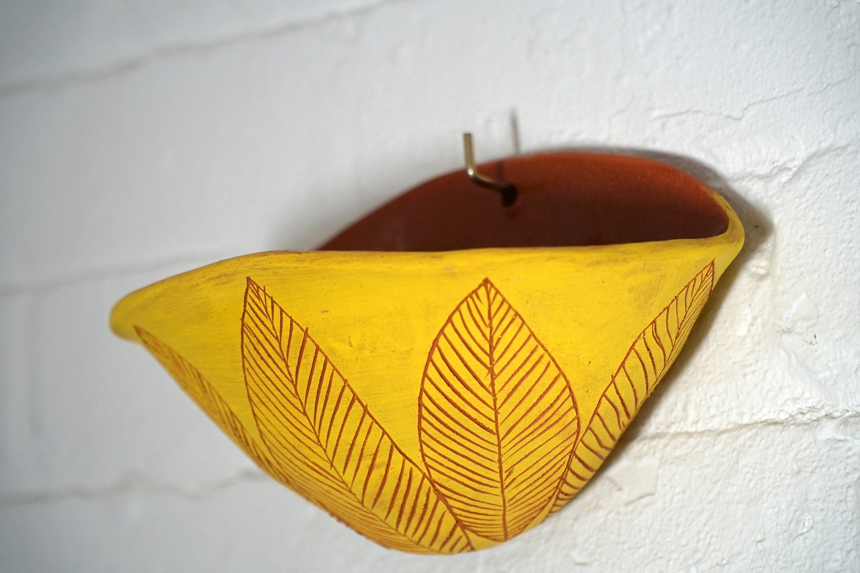 Bright Yellow & Terracotta Wall Pocket Planter w/ "Leaf" Design - Ceramic Wall Planter - Pottery - Succulent Pot - Houseplant - Planter